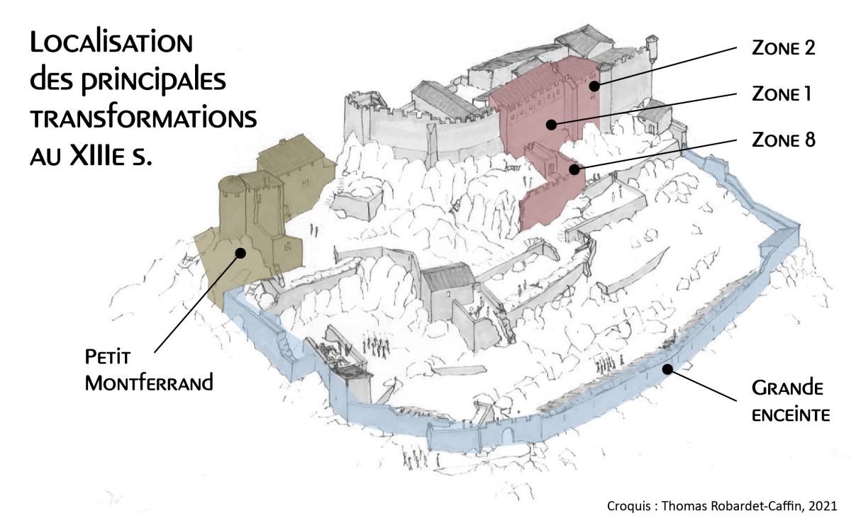 Localisation des principales transformations du XIIIe s.. Croquis : Thomas Robardet-Caffin