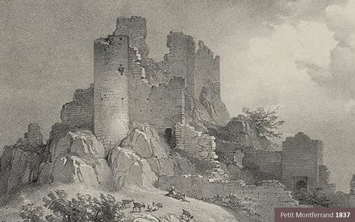 Lithographie, 'Voyages pittoresques et romantiques dans l'ancienne France', Languedoc vol. 4 (1837), par MM Ch. Nodier, I. Taylor Isidore Taylor et Alph. de Cailleux / Gallica.bnf Vue du Petit Montferrand depuis l'ouest 1b/3