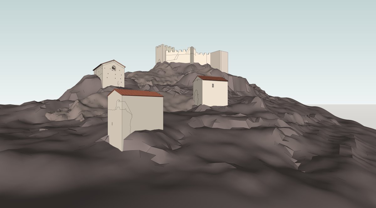 Le castrum du XIe s. : les 3 milites castri, encore visibles aujourd'hui ; au fond, en surplomb, le rduit fortifi du Vieux Montferrand. Modlisation : Thomas Robardet-Caffin