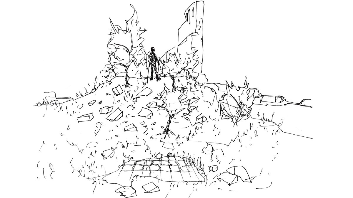 Reprsentation de la zone 1 avec remblais. Croquis : Thomas Robardet-Caffin