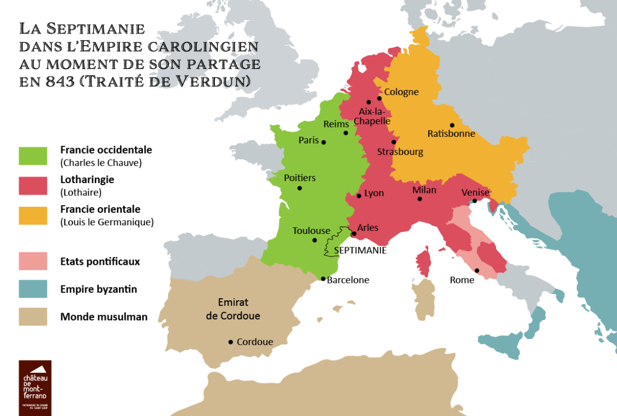 La Septimanie au sein de l'Empire carolingien au moment de son partage en 3 royaumes (843)