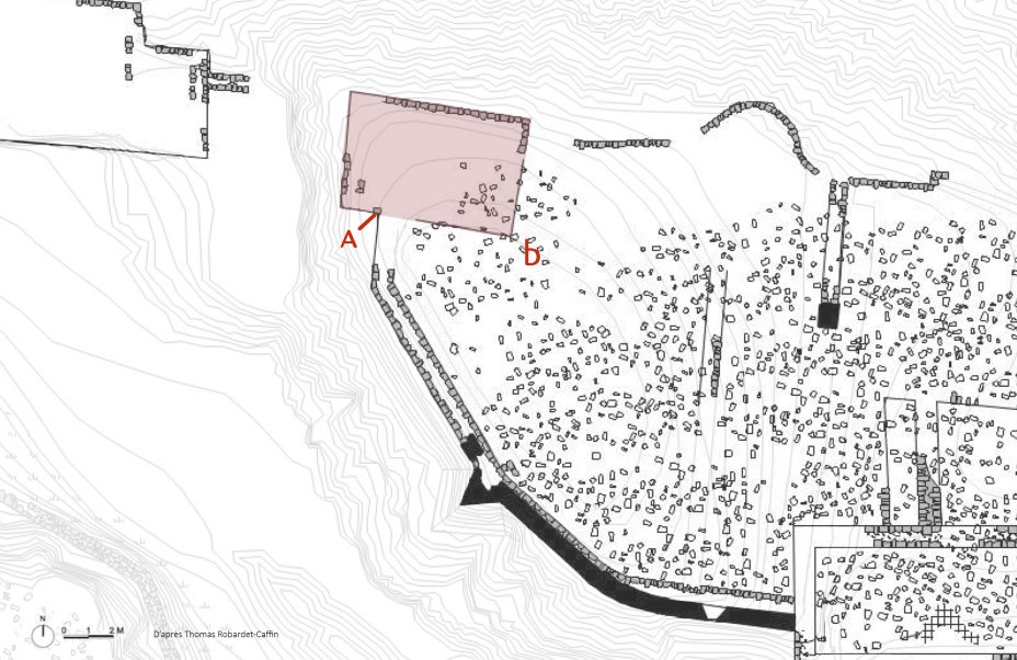 Implantation du donjon sur la zone ouest du Vieux Montferrand. Croquis : Thomas Robardet-Caffin