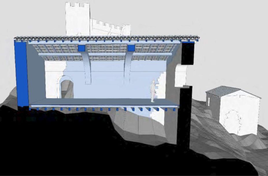 Coupe transversale du logis n�11 au XIIe s. vu depuis l'est : la toiture � deux pentes est soutenue par deux arcs diaphragmes en pierre de taille. Croquis : Thomas Robardet-Caffin