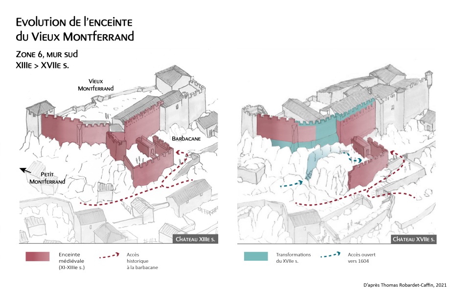 Évolution du mur sud de la poudrière entre le XIIIe et le XVIIe s.. Le creusement du raccourci (en vert), entraînant la disparition d'une partie du mur d'enceinte, a remodelé la physionomie du château. D'après Thomas Robardet-Caffin