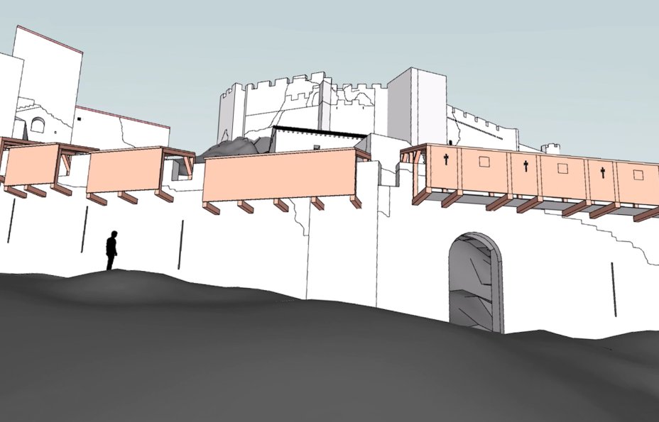 La porte de Mauguio et l'enceinte du XIIe s. surmont�e d'un hourd. Reconstitution : Thomas Robardet-Caffin