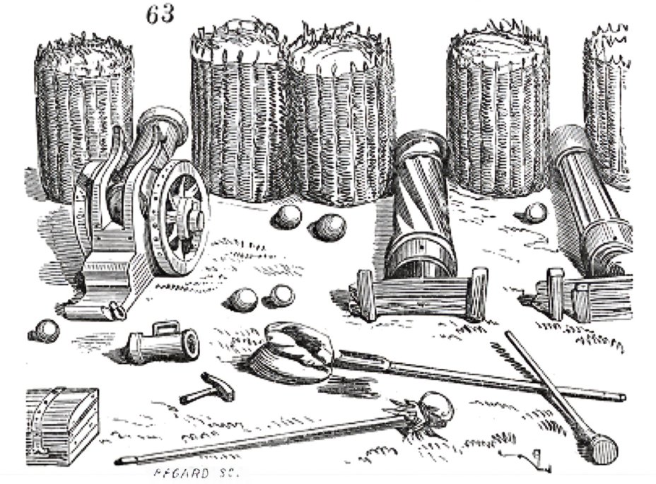 Gabion militaire : gravure de P�gard parue dans le 'Dictionnaire raisonn� de l'architecture fran�aise du XIe au XVIe si�cle', par Eug�ne Viollet-Le-Duc (1856)