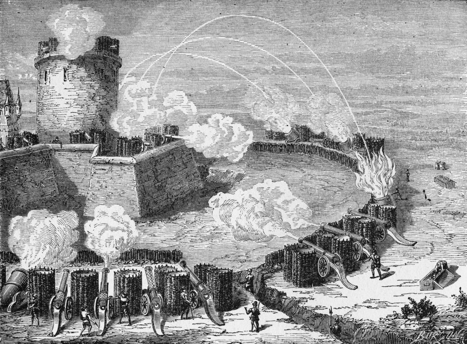 Si�ge d'une ville au XVIe si�cle : gravure parue dans 'Les Merveilles de la Science' par Louis Figuier. Exemple d'utilisation du gabion comme outil d'attaque d'une place forte.