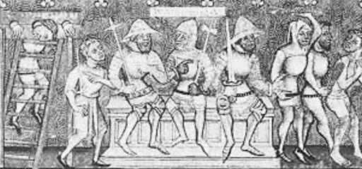 Échelle de justice terminée par un carcan, illustration du XIVe siècle